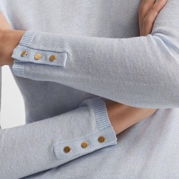 Club Monaco Lana Linen Blend Sweater Blue Button Cuff Rolled Neck Coastal SP - Picture 3 of 14